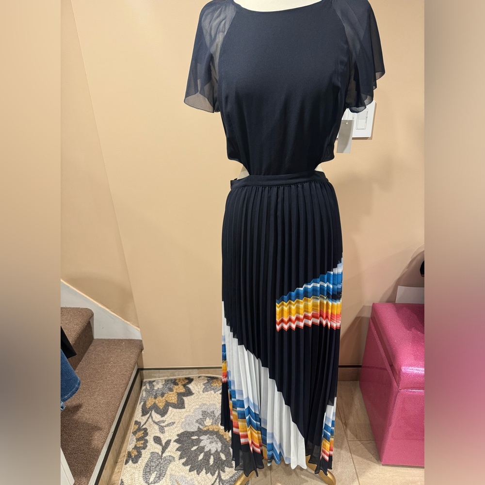 Joie Navy Multicolor Pleated Midi Dress - Picture 4 of 14